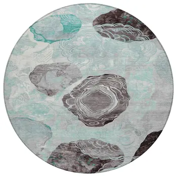 8' Teal Blue Charcoal And Ivory Round Floral Washable Indoor Outdoor Area Rug