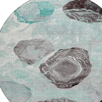 8' Teal Blue Charcoal And Ivory Round Floral Washable Indoor Outdoor Area Rug