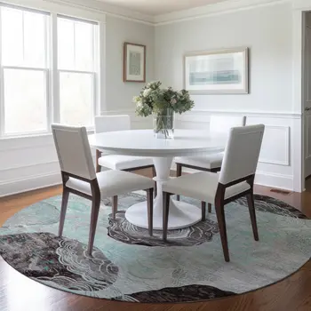8' Teal Blue Charcoal And Ivory Round Floral Washable Indoor Outdoor Area Rug