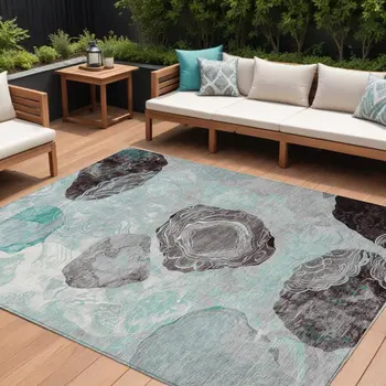 9' X 12' Teal Blue Charcoal And Ivory Floral Washable Indoor Outdoor Area Rug