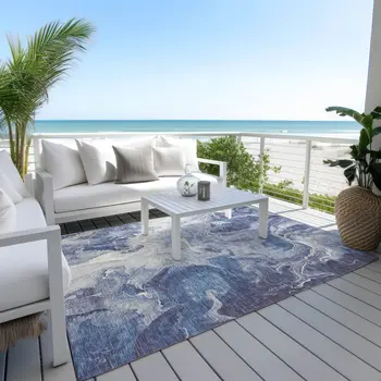 3' X 5' Blue And Ivory Abstract Washable Indoor Outdoor Area Rug