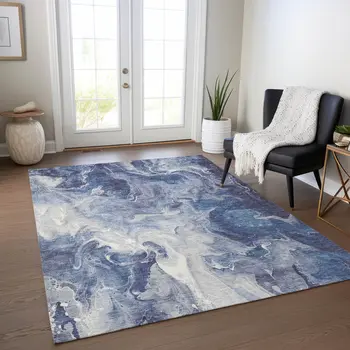 3' X 5' Blue And Ivory Abstract Washable Indoor Outdoor Area Rug