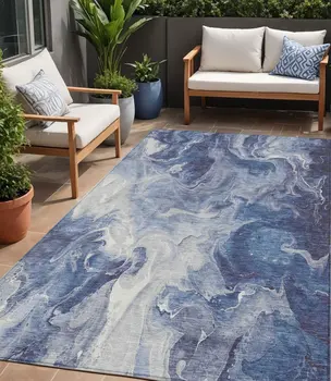 5' X 8' Blue And Ivory Abstract Washable Indoor Outdoor Area Rug