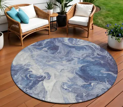 8' Blue And Ivory Round Abstract Washable Indoor Outdoor Area Rug