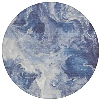 8' Blue And Ivory Round Abstract Washable Indoor Outdoor Area Rug