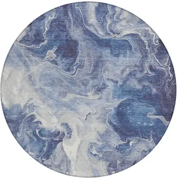 8' Blue And Ivory Round Abstract Washable Indoor Outdoor Area Rug