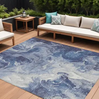 9' X 12' Blue And Ivory Abstract Washable Indoor Outdoor Area Rug