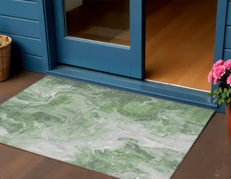 3' X 5' Green And Ivory Abstract Washable Indoor Outdoor Area Rug