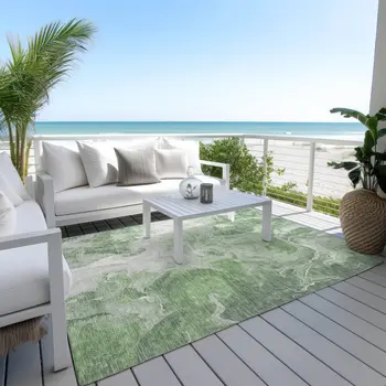 5' X 8' Green And Ivory Abstract Washable Indoor Outdoor Area Rug