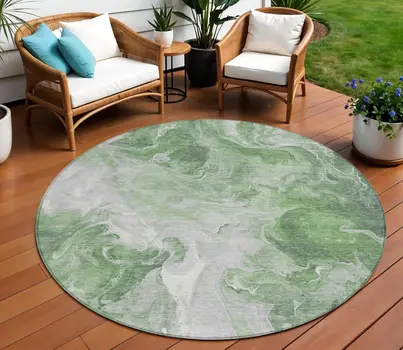 8' Green And Ivory Round Abstract Washable Indoor Outdoor Area Rug