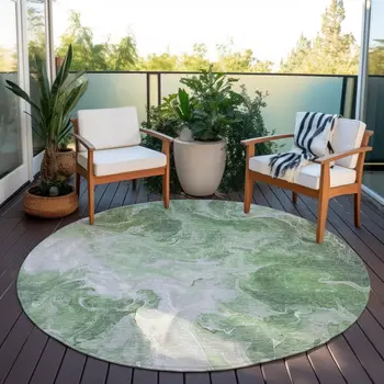 8' Green And Ivory Round Abstract Washable Indoor Outdoor Area Rug