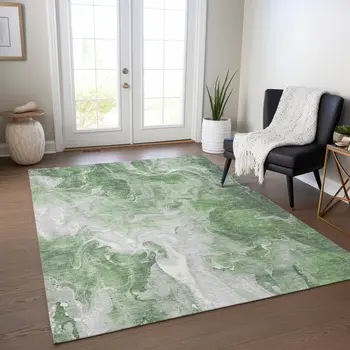 9' X 12' Green And Ivory Abstract Washable Indoor Outdoor Area Rug