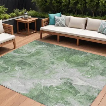 10' X 14' Green And Ivory Abstract Washable Indoor Outdoor Area Rug