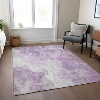 3' X 5' Lavender And Ivory Abstract Washable Indoor Outdoor Area Rug