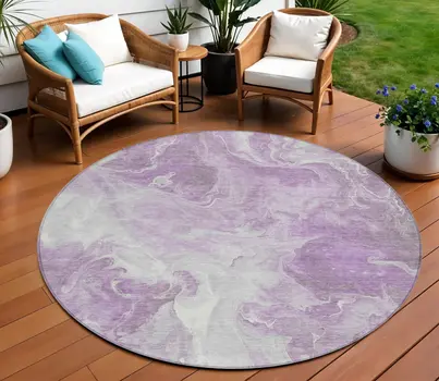 8' Lavender And Ivory Round Abstract Washable Indoor Outdoor Area Rug