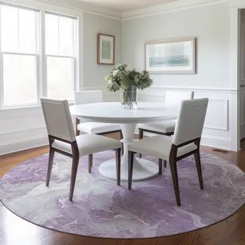 8' Lavender And Ivory Round Abstract Washable Indoor Outdoor Area Rug