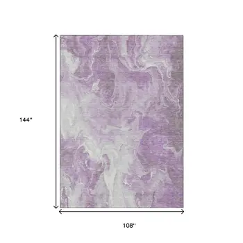 9' X 12' Lavender And Ivory Abstract Washable Indoor Outdoor Area Rug
