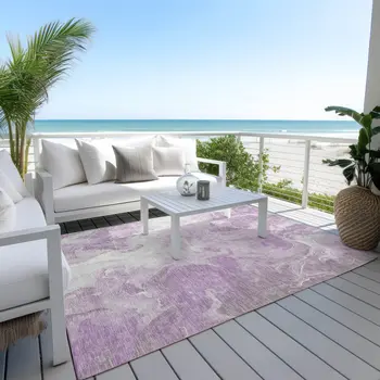 9' X 12' Lavender And Ivory Abstract Washable Indoor Outdoor Area Rug