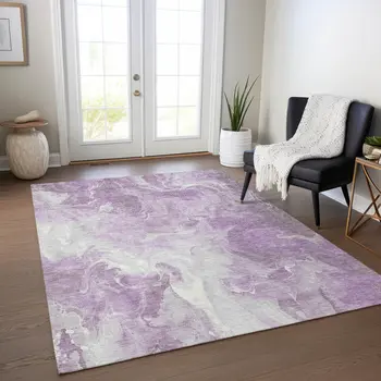 9' X 12' Lavender And Ivory Abstract Washable Indoor Outdoor Area Rug