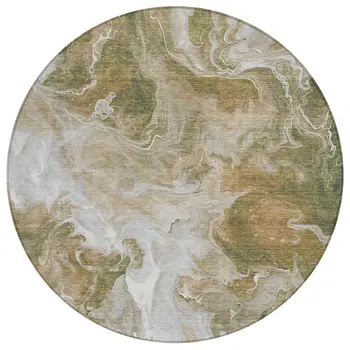 8' Brown And Ivory Round Abstract Washable Indoor Outdoor Area Rug