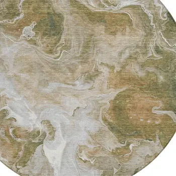 8' Brown And Ivory Round Abstract Washable Indoor Outdoor Area Rug