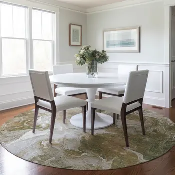 8' Brown And Ivory Round Abstract Washable Indoor Outdoor Area Rug