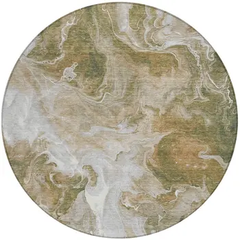 8' Brown And Ivory Round Abstract Washable Indoor Outdoor Area Rug