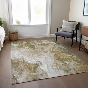 8' X 10' Brown And Ivory Abstract Washable Indoor Outdoor Area Rug