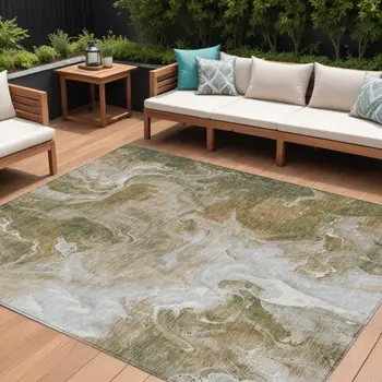 9' X 12' Brown And Ivory Abstract Washable Indoor Outdoor Area Rug