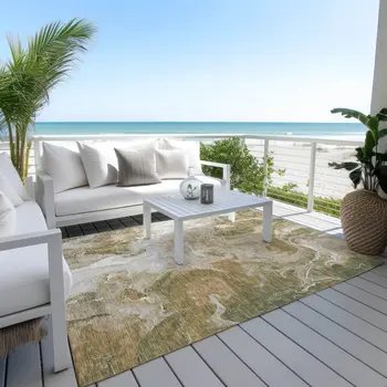 9' X 12' Brown And Ivory Abstract Washable Indoor Outdoor Area Rug
