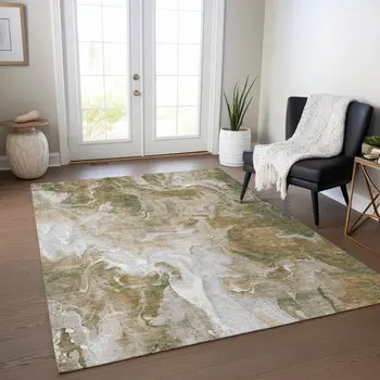 10' X 14' Brown And Ivory Abstract Washable Indoor Outdoor Area Rug