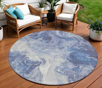 8' Navy Blue And Ivory Round Abstract Washable Indoor Outdoor Area Rug