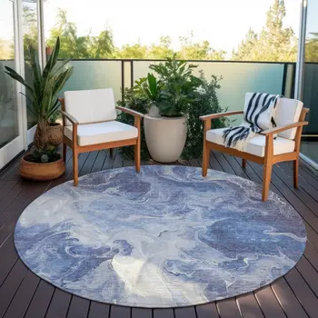 8' Navy Blue And Ivory Round Abstract Washable Indoor Outdoor Area Rug