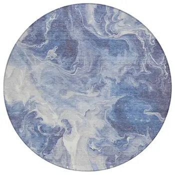 8' Navy Blue And Ivory Round Abstract Washable Indoor Outdoor Area Rug
