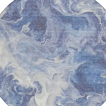 8' Navy Blue And Ivory Round Abstract Washable Indoor Outdoor Area Rug