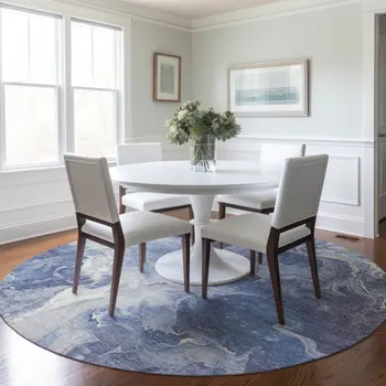8' Navy Blue And Ivory Round Abstract Washable Indoor Outdoor Area Rug