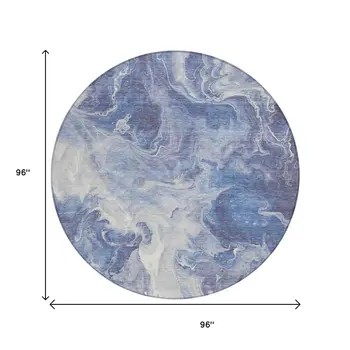 8' Navy Blue And Ivory Round Abstract Washable Indoor Outdoor Area Rug