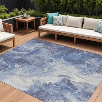 9' X 12' Navy Blue And Ivory Abstract Washable Indoor Outdoor Area Rug