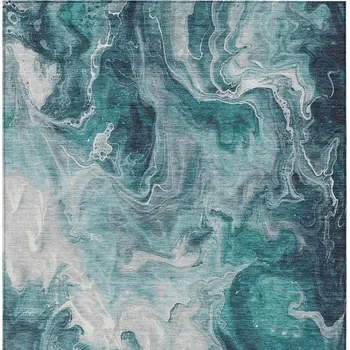 3' X 5' Teal Blue And Ivory Abstract Washable Indoor Outdoor Area Rug
