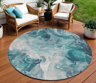 8' Teal Blue And Ivory Round Abstract Washable Indoor Outdoor Area Rug