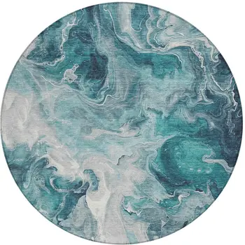 8' Teal Blue And Ivory Round Abstract Washable Indoor Outdoor Area Rug