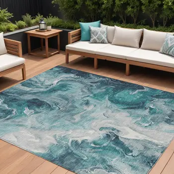 8' X 10' Teal Blue And Ivory Abstract Washable Indoor Outdoor Area Rug