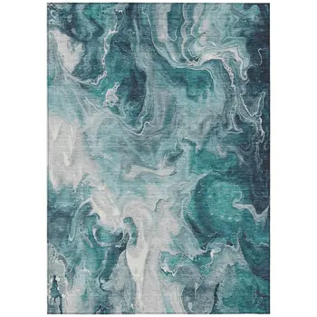 10' X 14' Teal Blue And Ivory Abstract Washable Indoor Outdoor Area Rug