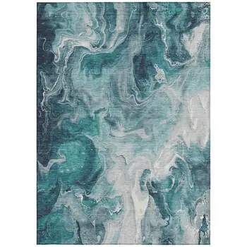 10' X 14' Teal Blue And Ivory Abstract Washable Indoor Outdoor Area Rug