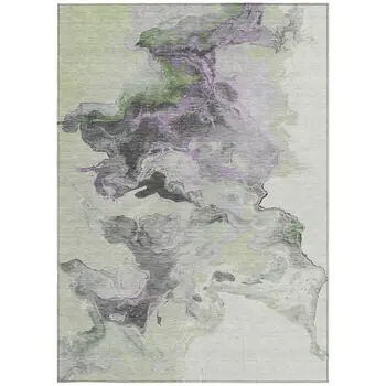 3' X 5' Artichoke Green Lavender And Ivory Abstract Washable Indoor Outdoor Area Rug