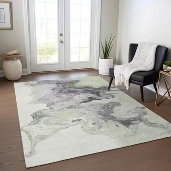 3' X 5' Artichoke Green Lavender And Ivory Abstract Washable Indoor Outdoor Area Rug
