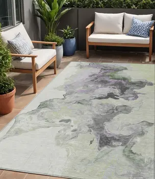 5' X 8' Artichoke Green Lavender And Ivory Abstract Washable Indoor Outdoor Area Rug