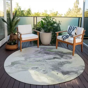 8' Artichoke Green Lavender And Ivory Round Abstract Washable Indoor Outdoor Area Rug