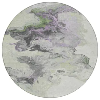8' Artichoke Green Lavender And Ivory Round Abstract Washable Indoor Outdoor Area Rug