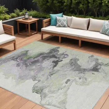 9' X 12' Artichoke Green Lavender And Ivory Abstract Washable Indoor Outdoor Area Rug